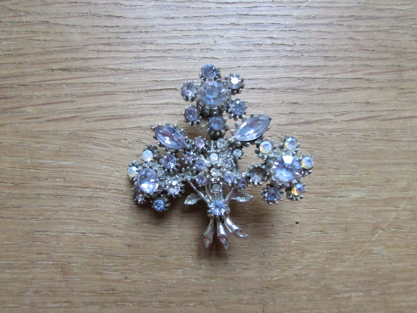 Vintage silver-tone & diamanté floral sprig brooch