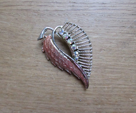 1950s silver-tone leaf brooch with Aurora Borealis stones & copper tone detail