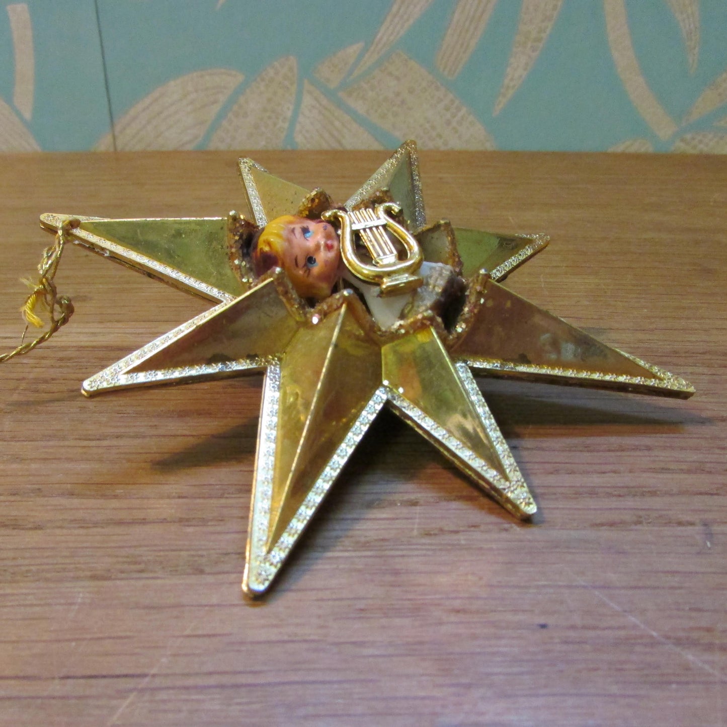 1960s/70s Jewelbrite (?) plastic gold Christmas star tree ornament with angel and harp
