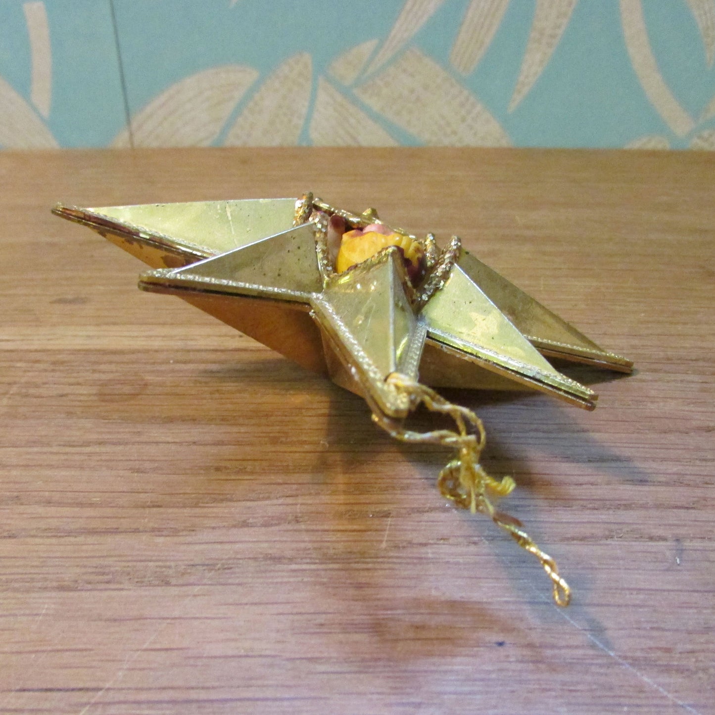 1960s/70s Jewelbrite (?) plastic gold Christmas star tree ornament with angel and harp
