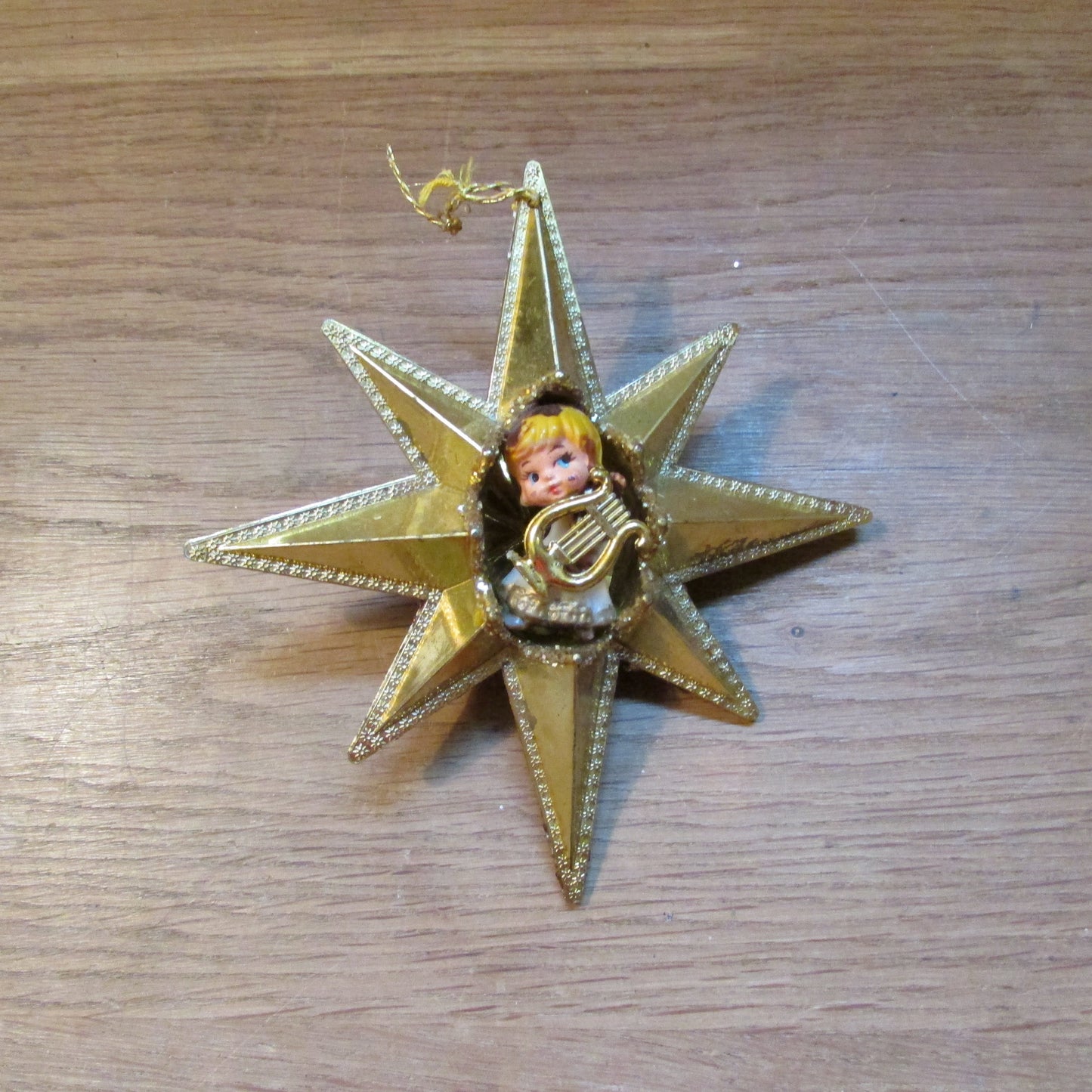 1960s/70s Jewelbrite (?) plastic gold Christmas star tree ornament with angel and harp