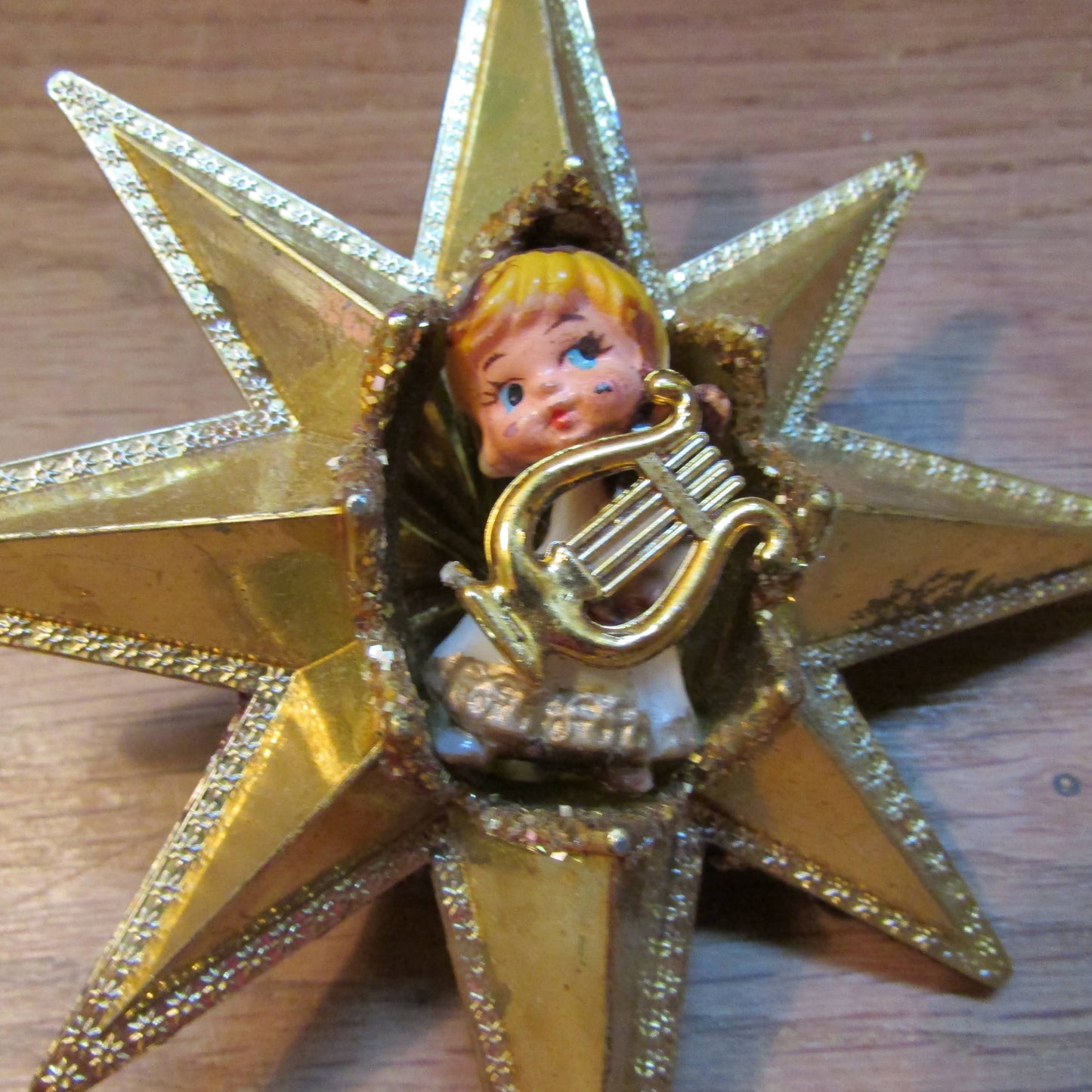 1960s/70s Jewelbrite (?) plastic gold Christmas star tree ornament with angel and harp