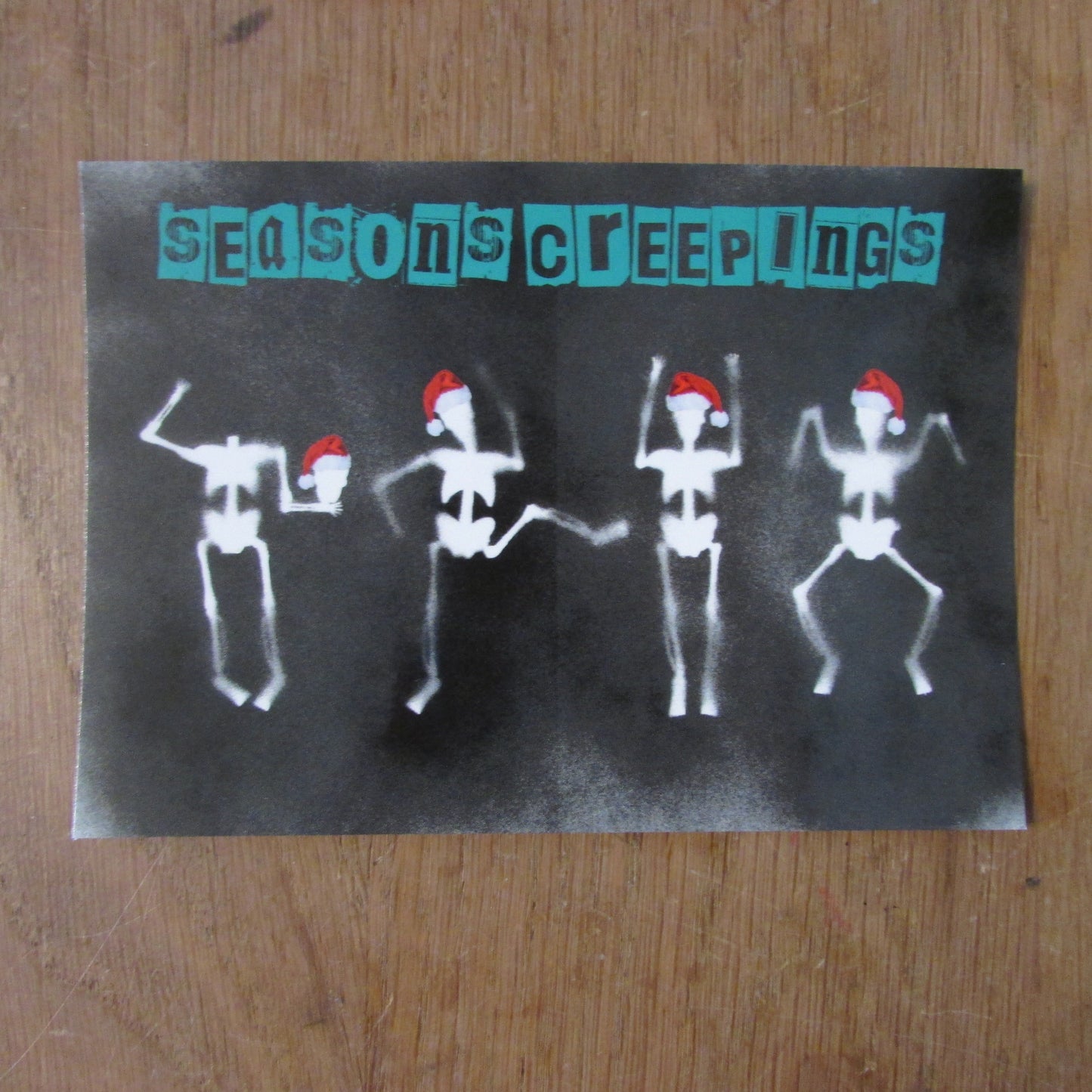 Home-made mixed media/digital Christmas postcard: "Seasons Creepings"