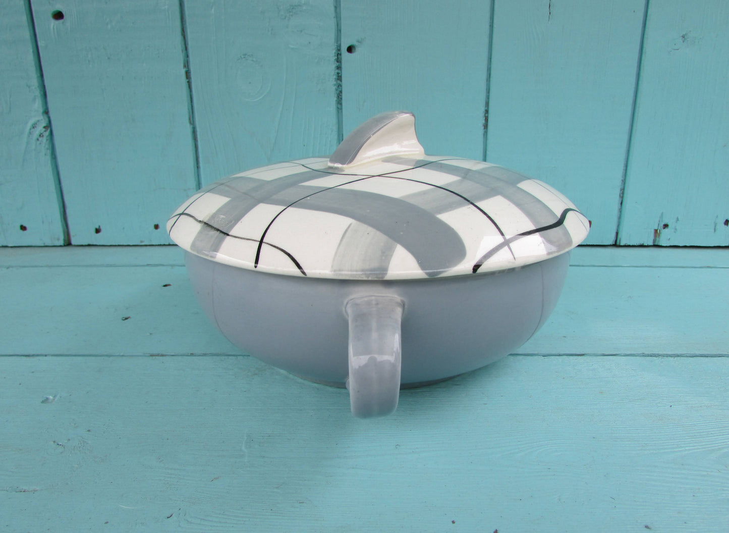 Mid-century grey & white plaid/check tureen