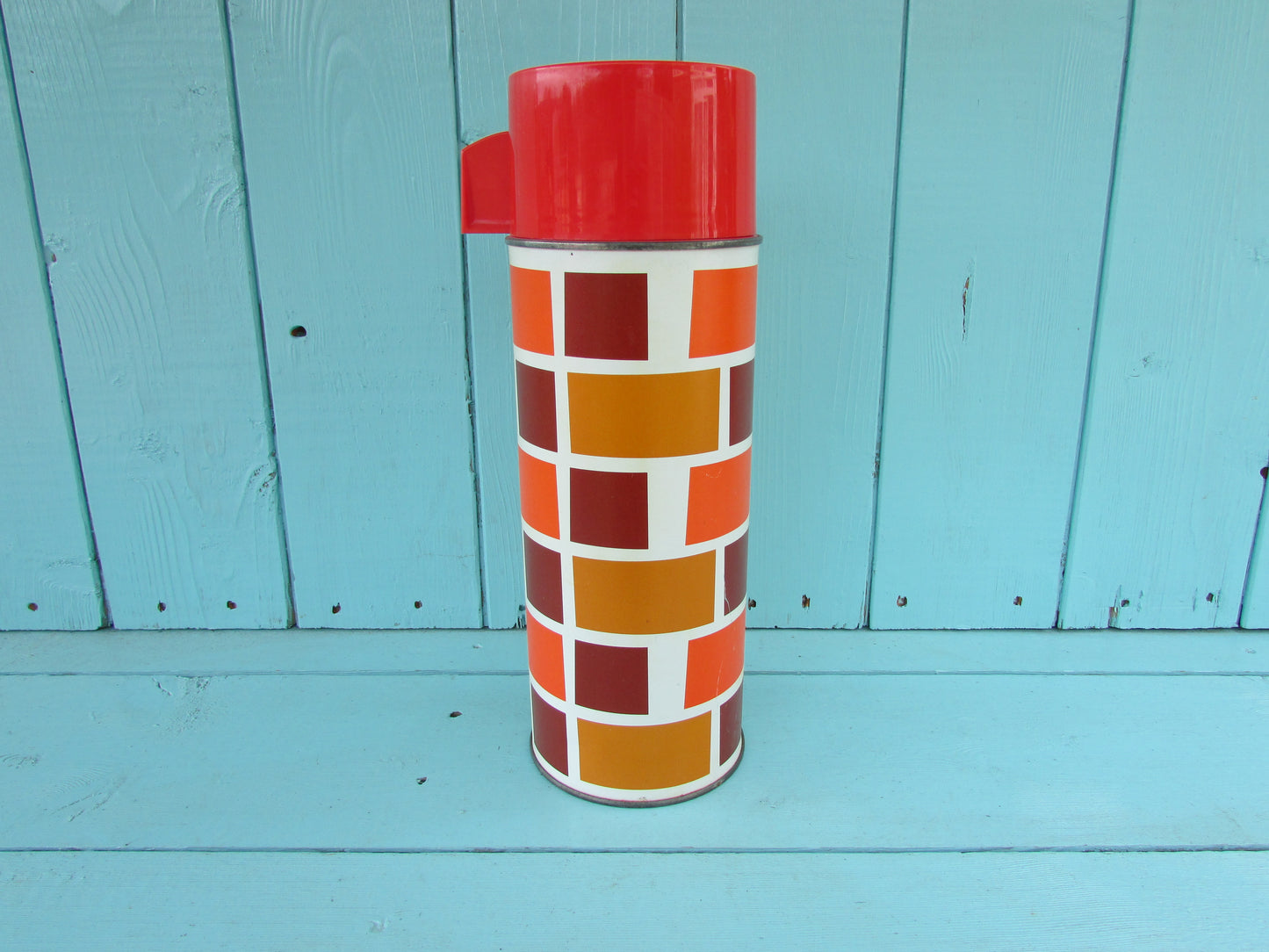 1960s/70s orange & brown brick-like patterned vacuum flask