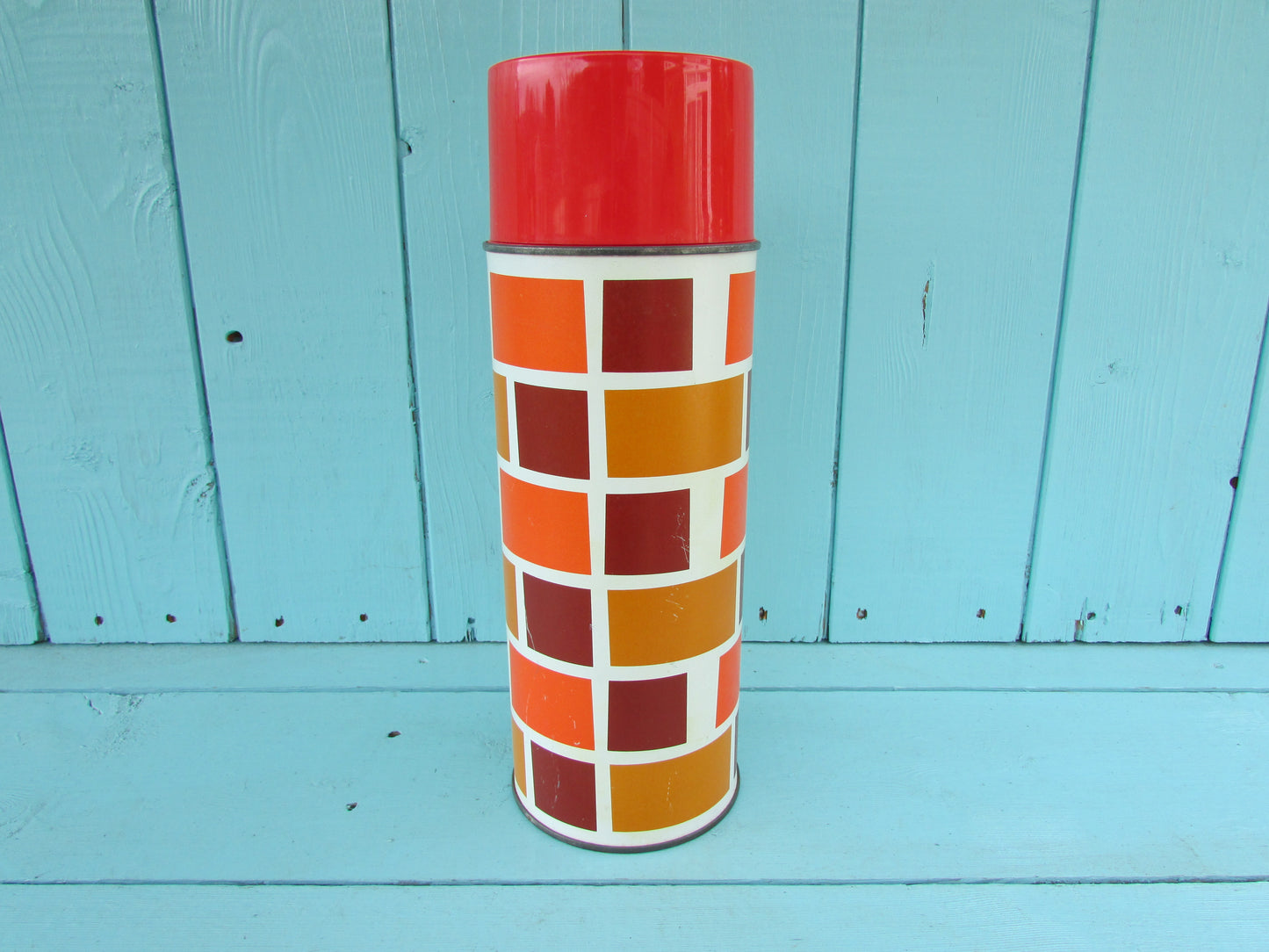 1960s/70s orange & brown brick-like patterned vacuum flask