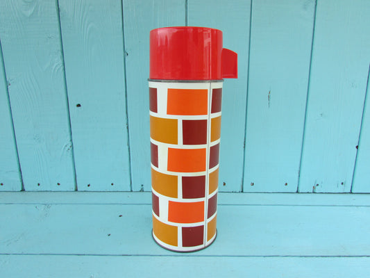 1960s/70s orange & brown brick-like patterned vacuum flask