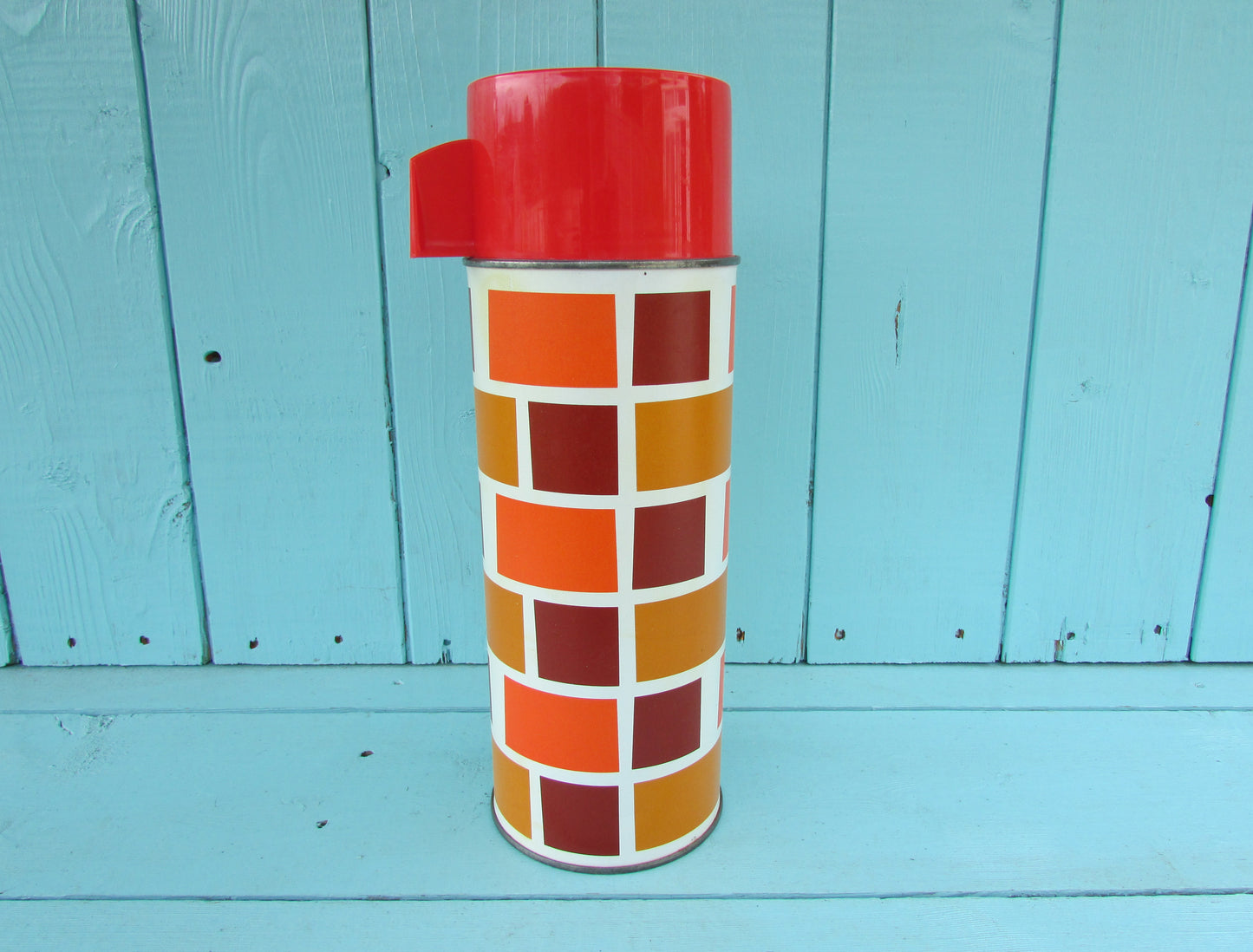 1960s/70s orange & brown brick-like patterned vacuum flask