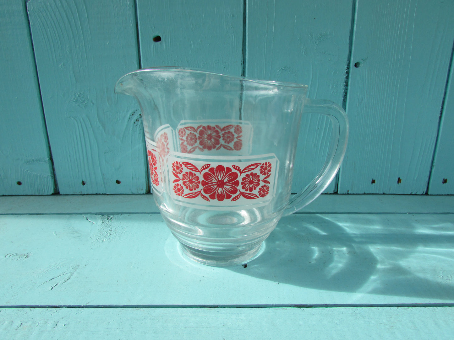 Mid-century red folkish flower on white band glass lemonade/water jug