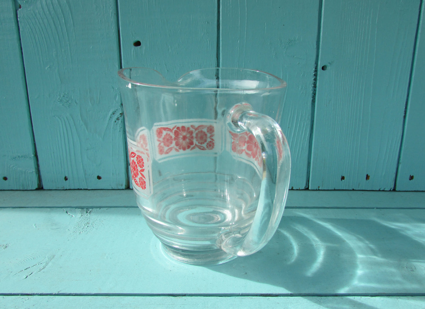 Mid-century red folkish flower on white band glass lemonade/water jug