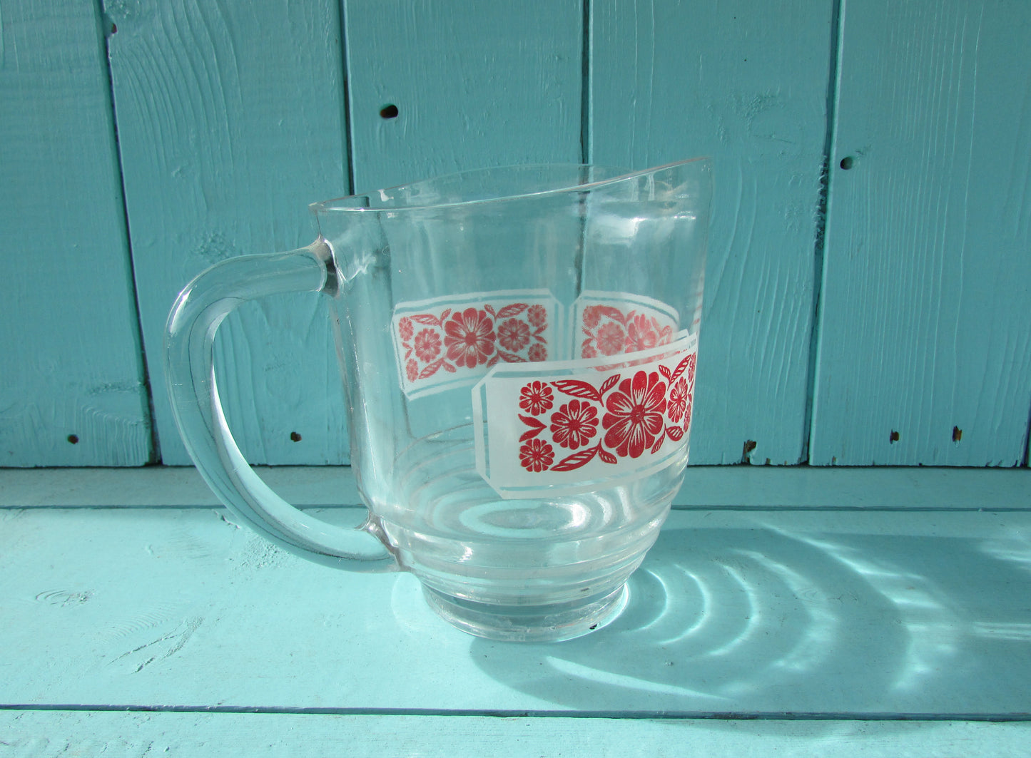Mid-century red folkish flower on white band glass lemonade/water jug