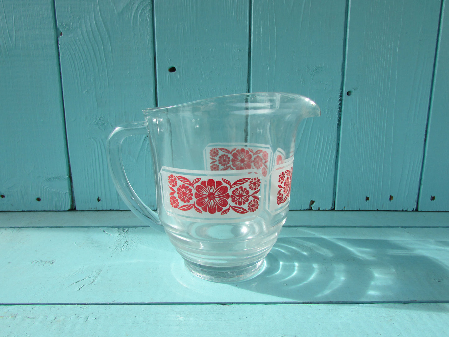 Mid-century red folkish flower on white band glass lemonade/water jug