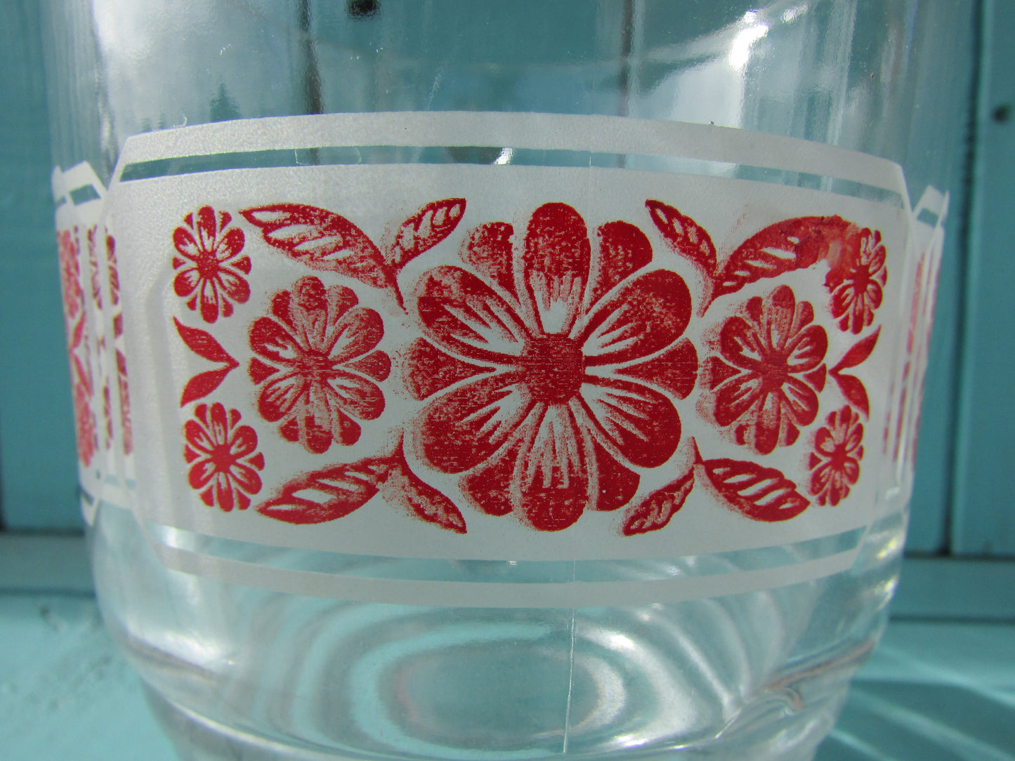 Mid-century red folkish flower on white band glass lemonade/water jug