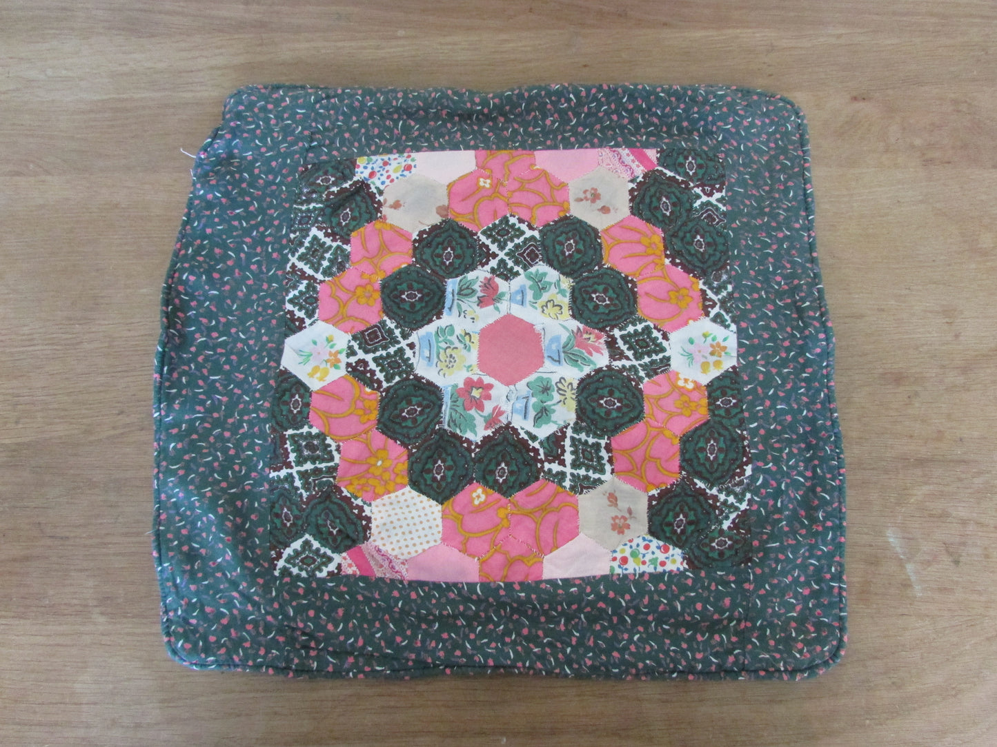 Vintage hand-made dark green ditsy floral patchwork cushion cover