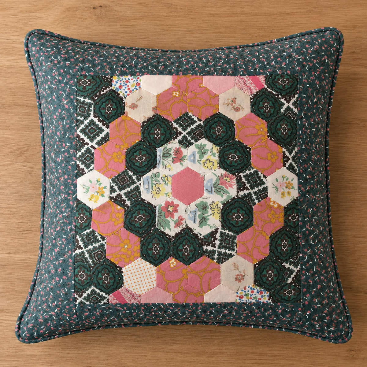 Vintage handmade dark green ditsy floral patchwork cushion cover, 17" x 15"
