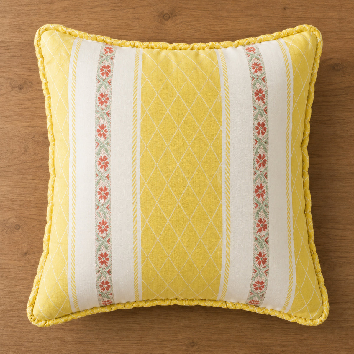 Vintage handmade yellow satin floral stripe cushion cover, 15" x 15"