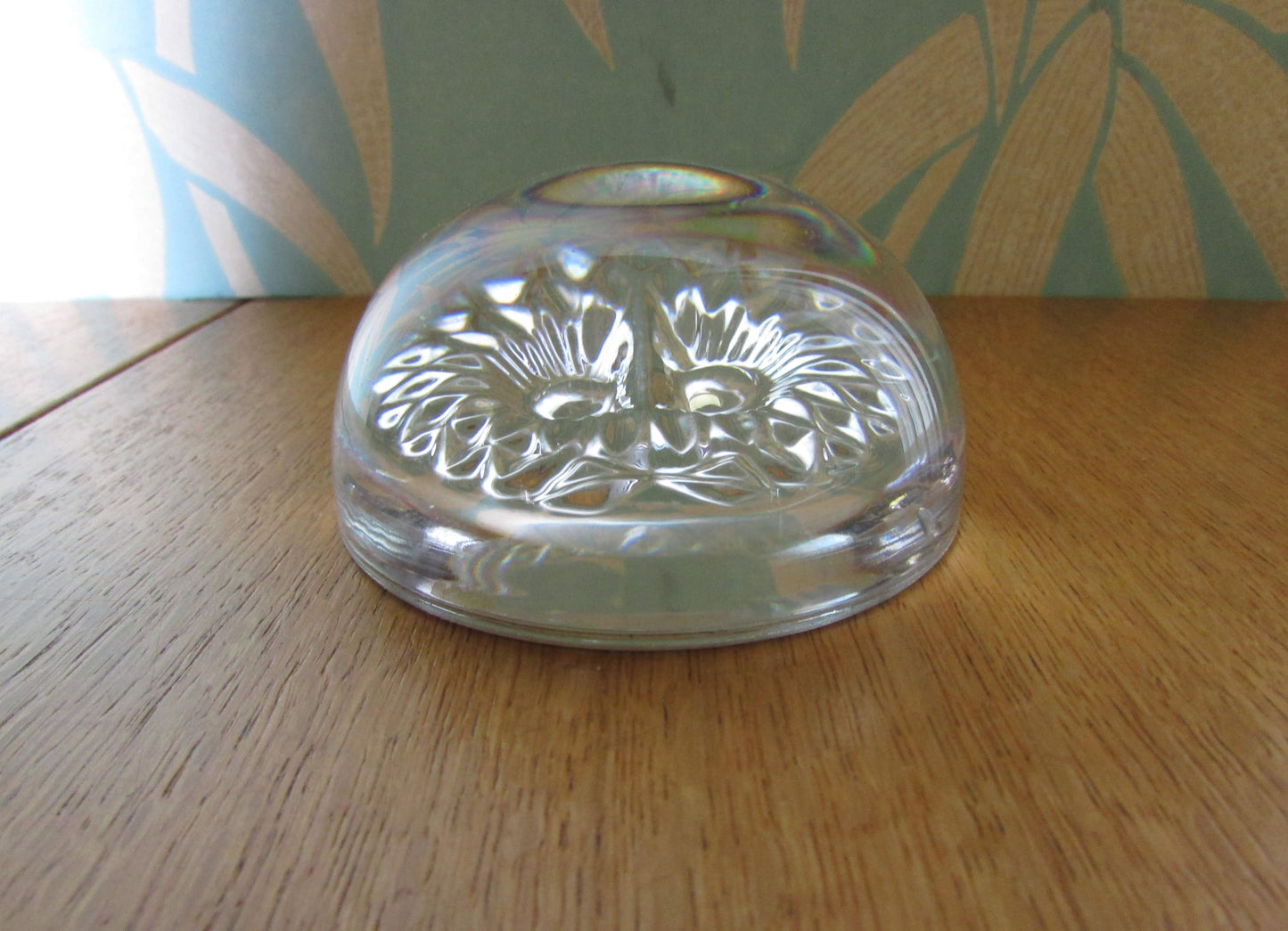 Vintage crystal glass owl domed paperweight