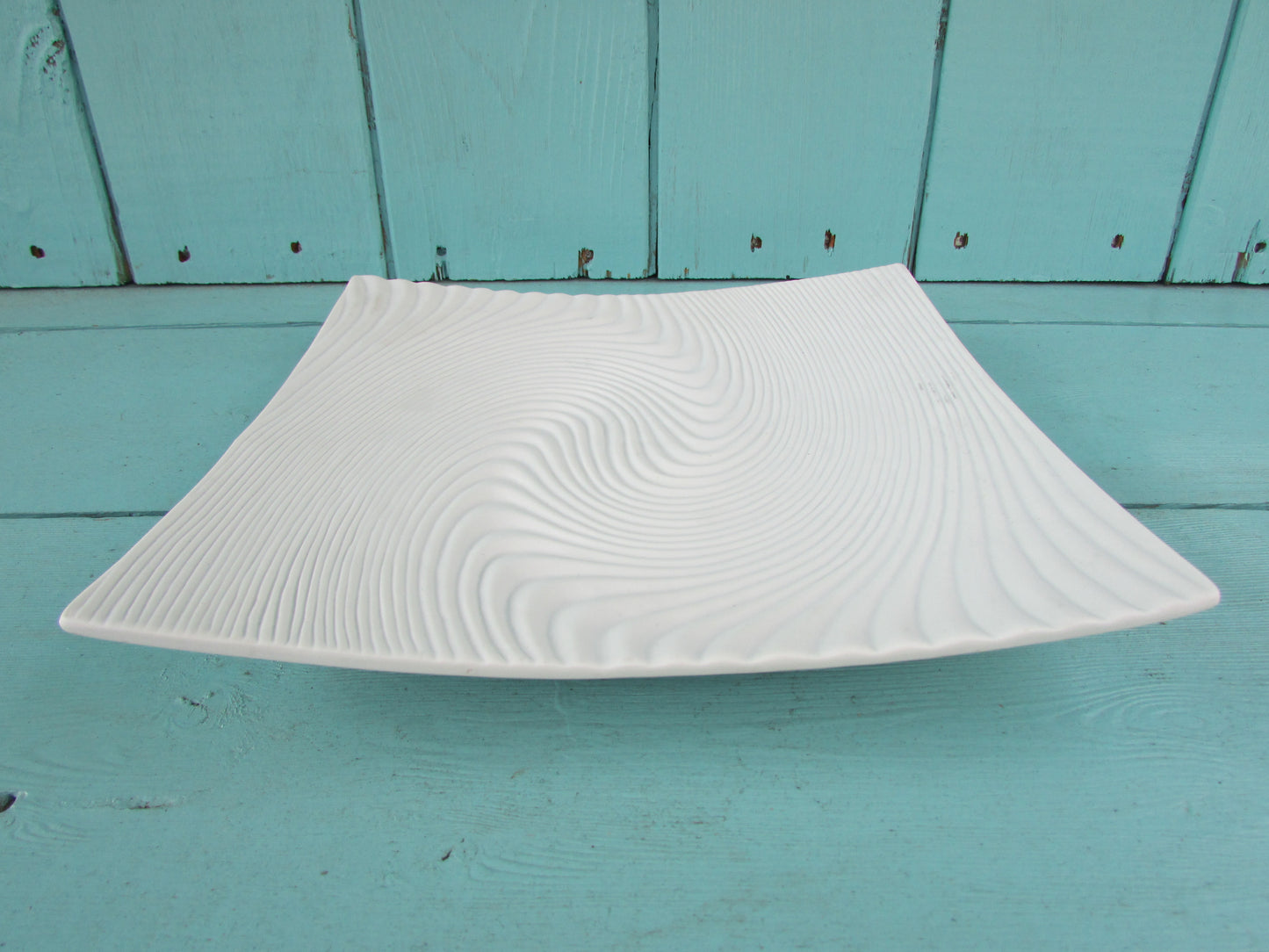 circa. 1960s contemporary white ceramic optical swirl/textured wave square plate