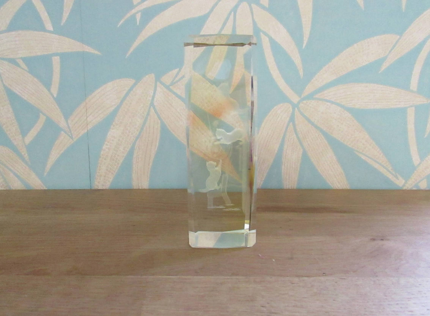 circa. 1990s laser etched crystal glass paperweight, climbing kittens