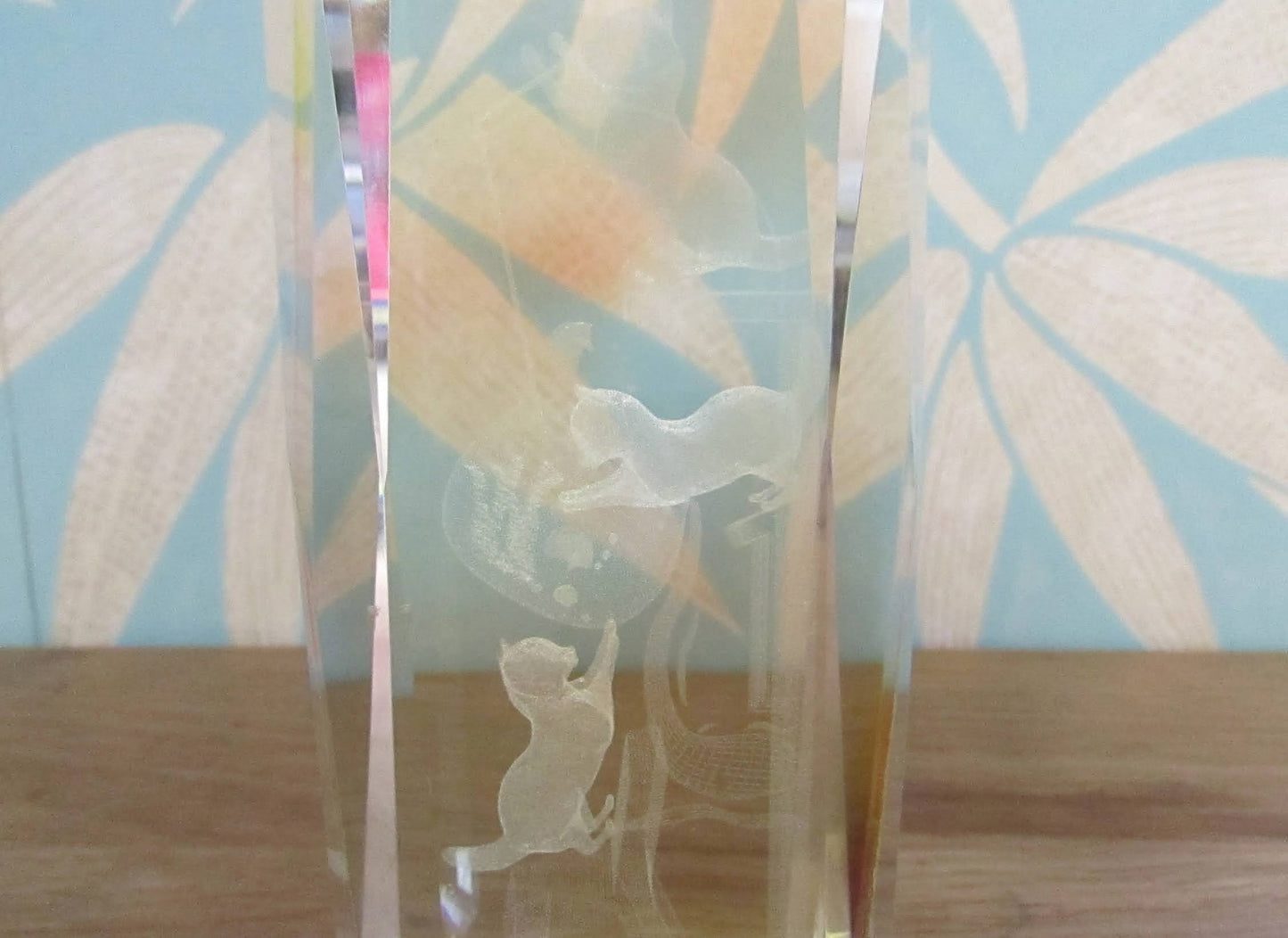 circa. 1990s laser etched crystal glass paperweight, climbing kittens