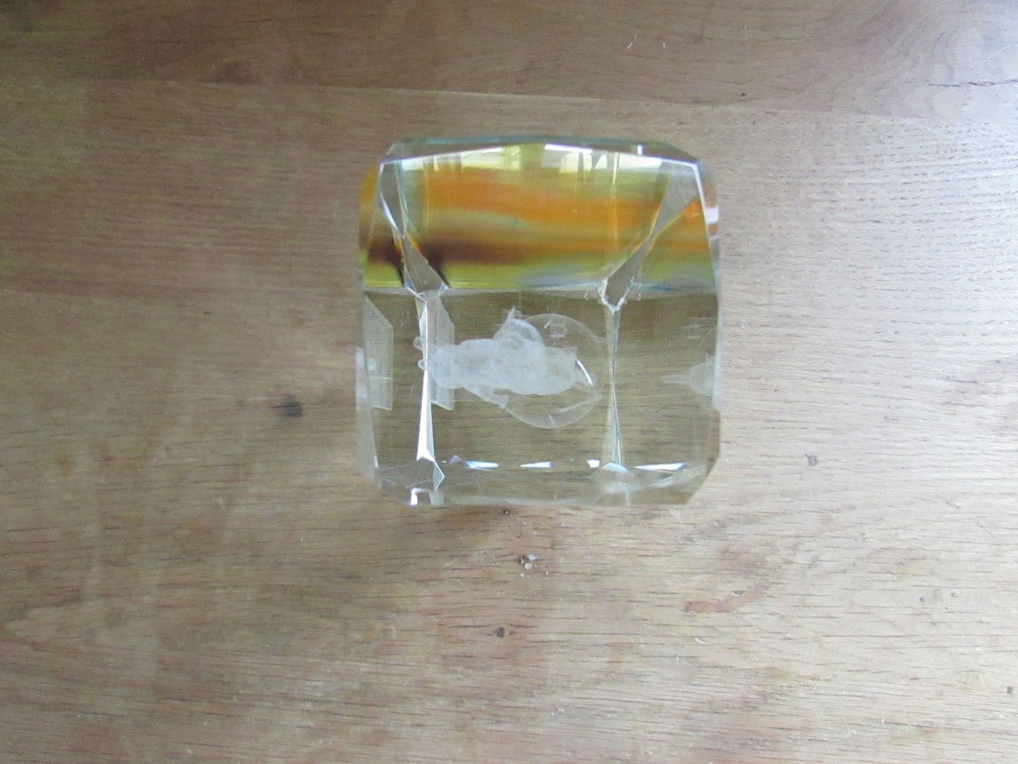 circa. 1990s laser etched crystal glass paperweight, climbing kittens