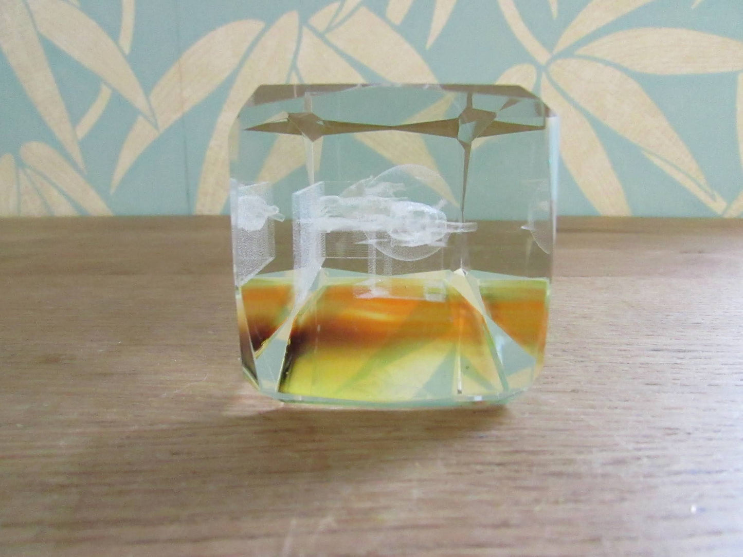 circa. 1990s laser etched crystal glass paperweight, climbing kittens