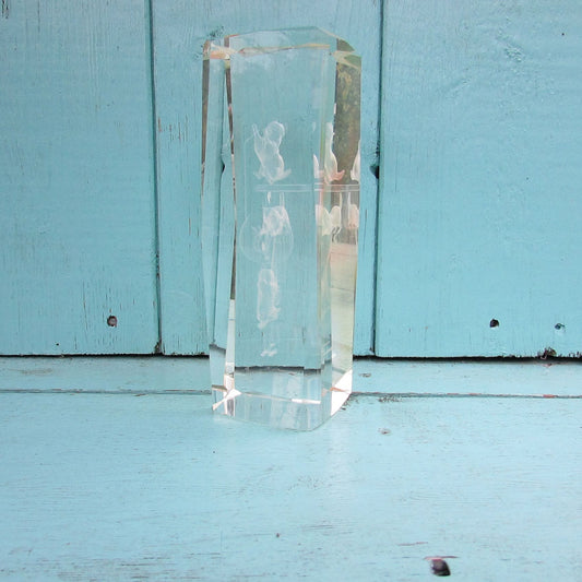circa. 1990s laser etched crystal glass paperweight, climbing kittens
