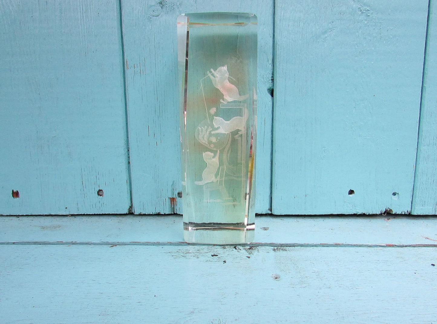 circa. 1990s laser etched crystal glass paperweight, climbing kittens