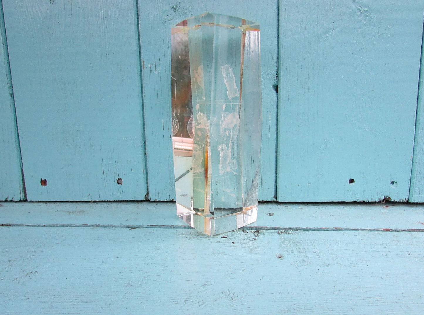 circa. 1990s laser etched crystal glass paperweight, climbing kittens