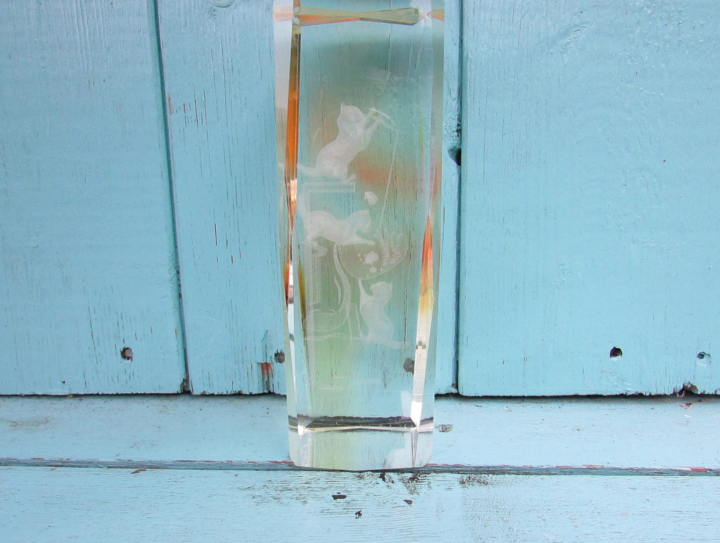 circa. 1990s laser etched crystal glass paperweight, climbing kittens