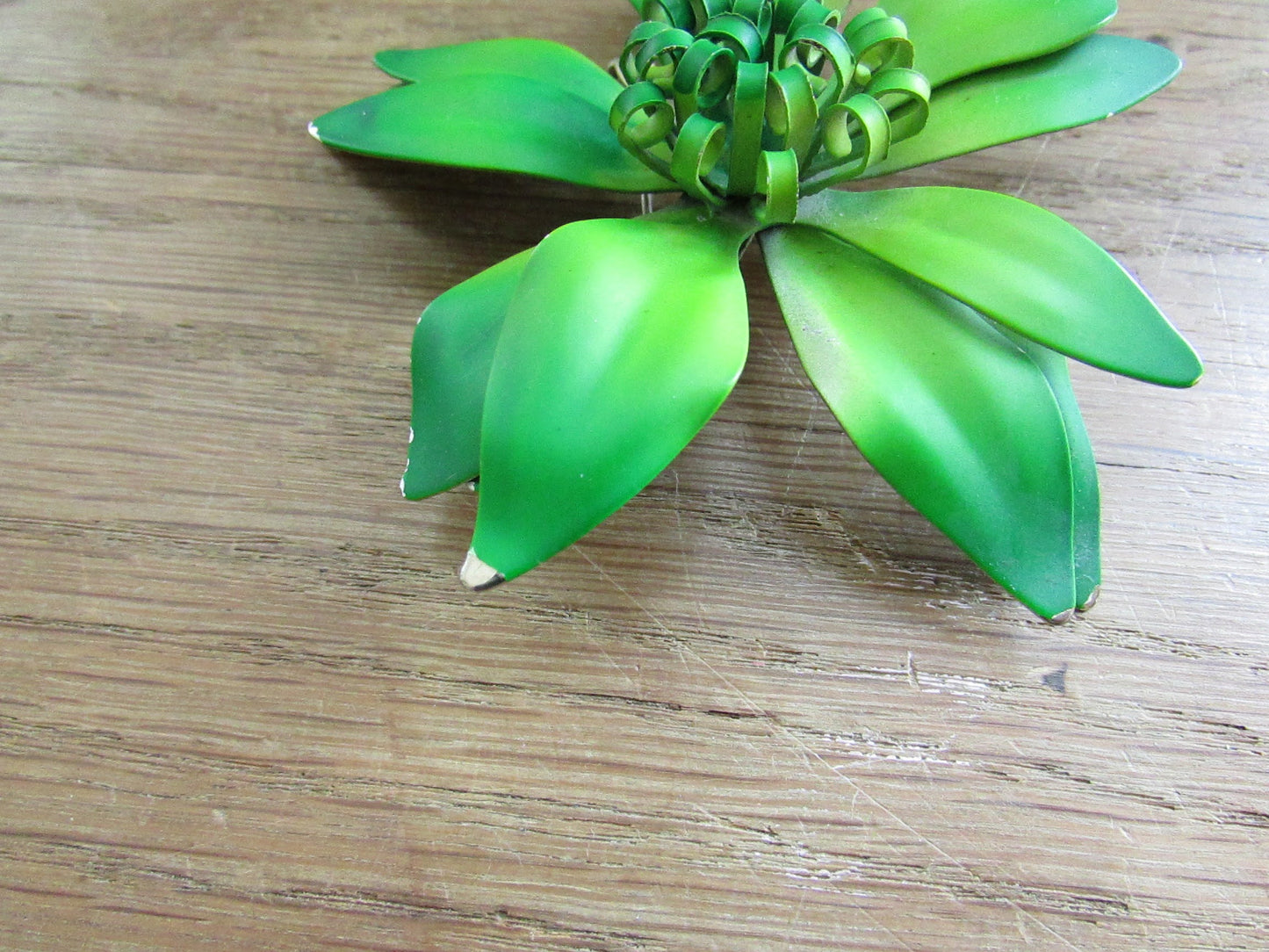 1960s large green metal flower brooch