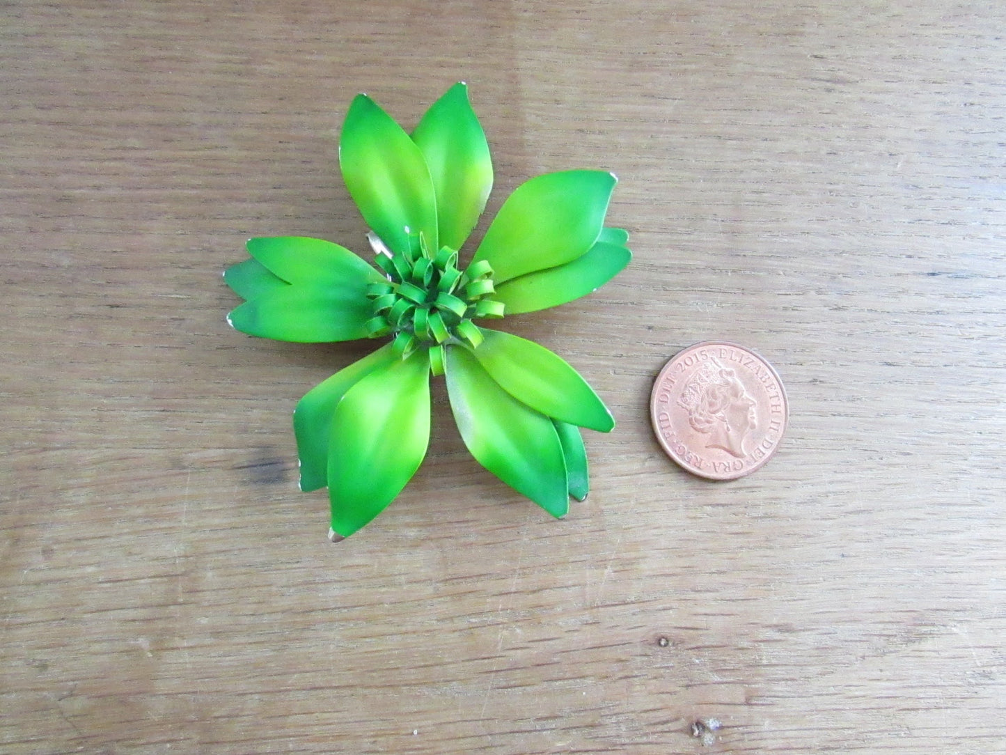 1960s large green metal flower brooch