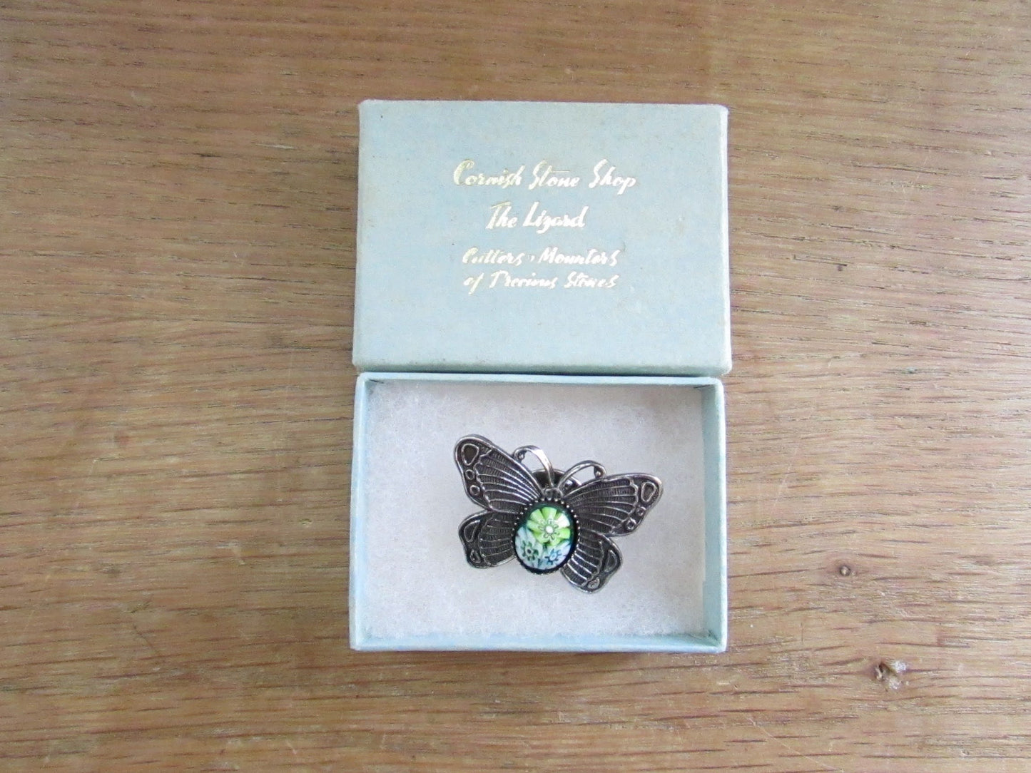 Vintage silver-tone butterfly brooch with Millefiori cabochon detail