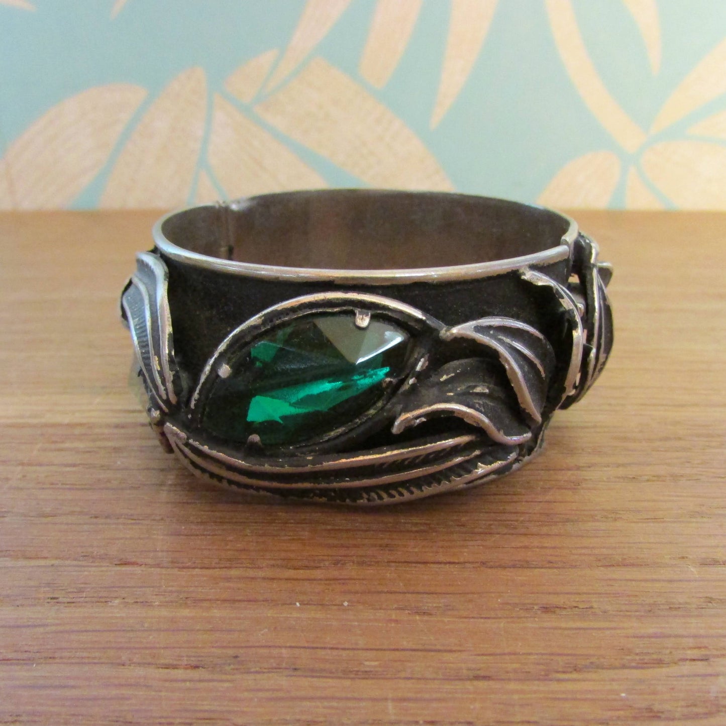 1960s/70s Art Nouveau-style clamper bracelet with green glass stones