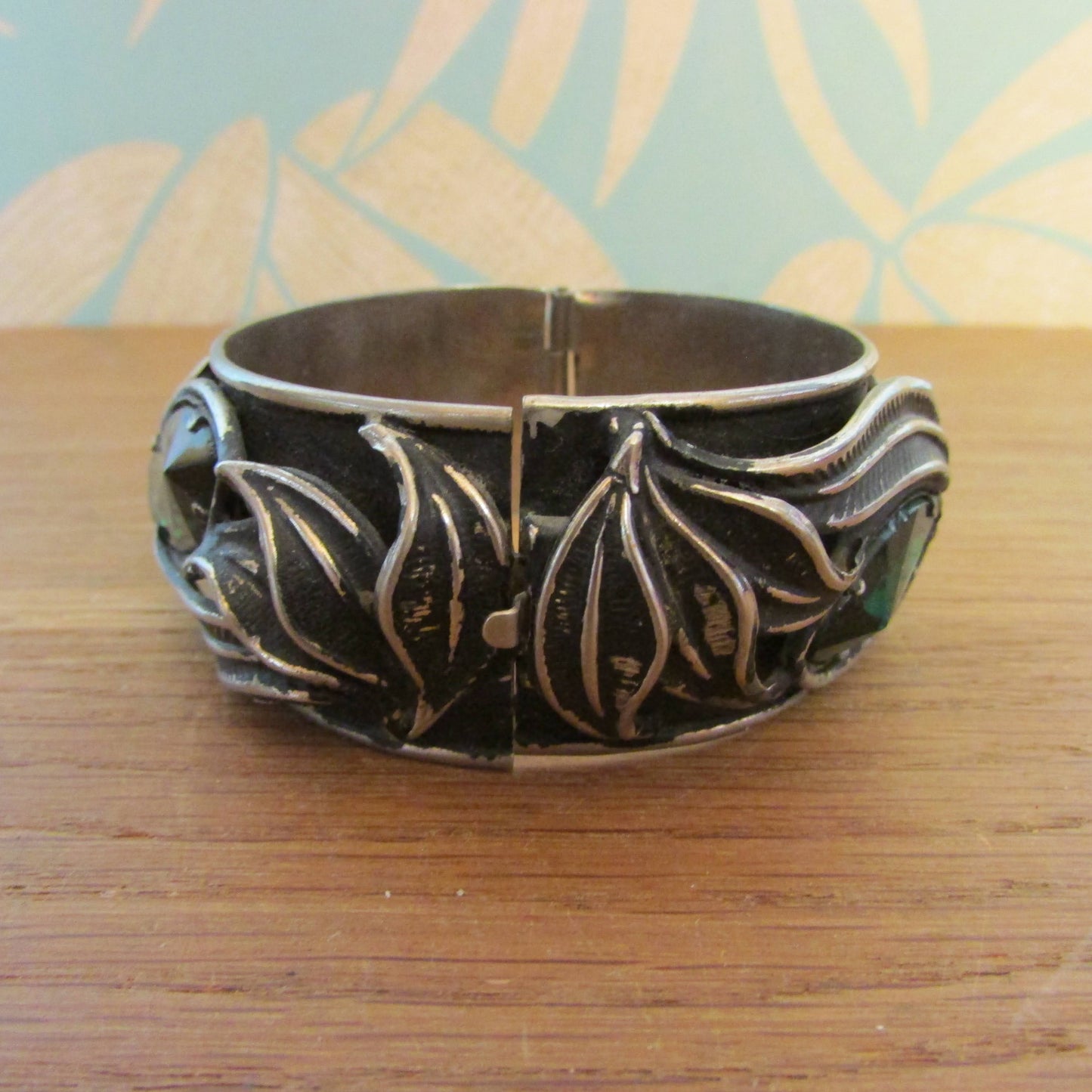 1960s/70s Art Nouveau-style clamper bracelet with green glass stones