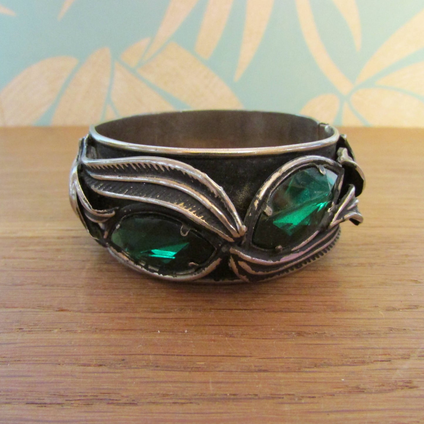 1960s/70s Art Nouveau-style clamper bracelet with green glass stones