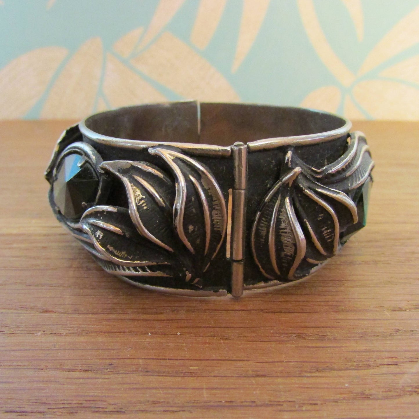 1960s/70s Art Nouveau-style clamper bracelet with green glass stones