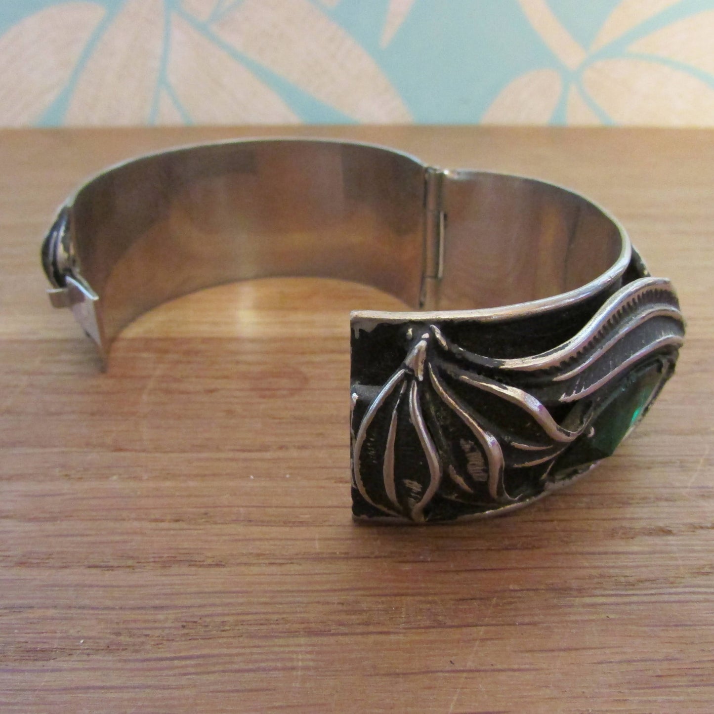 1960s/70s Art Nouveau-style clamper bracelet with green glass stones