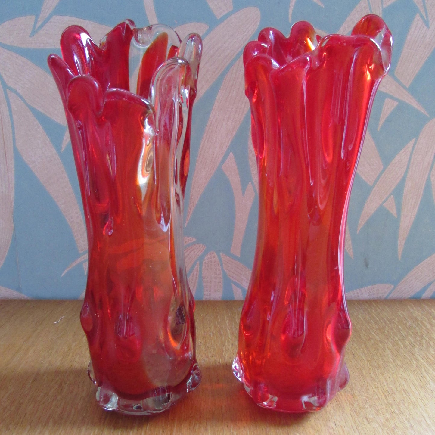Pair of mid-century red finger art glass vases