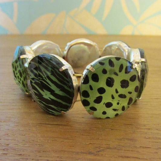 1980s/90s green animal print acrylic plastic disc stretch bracelet