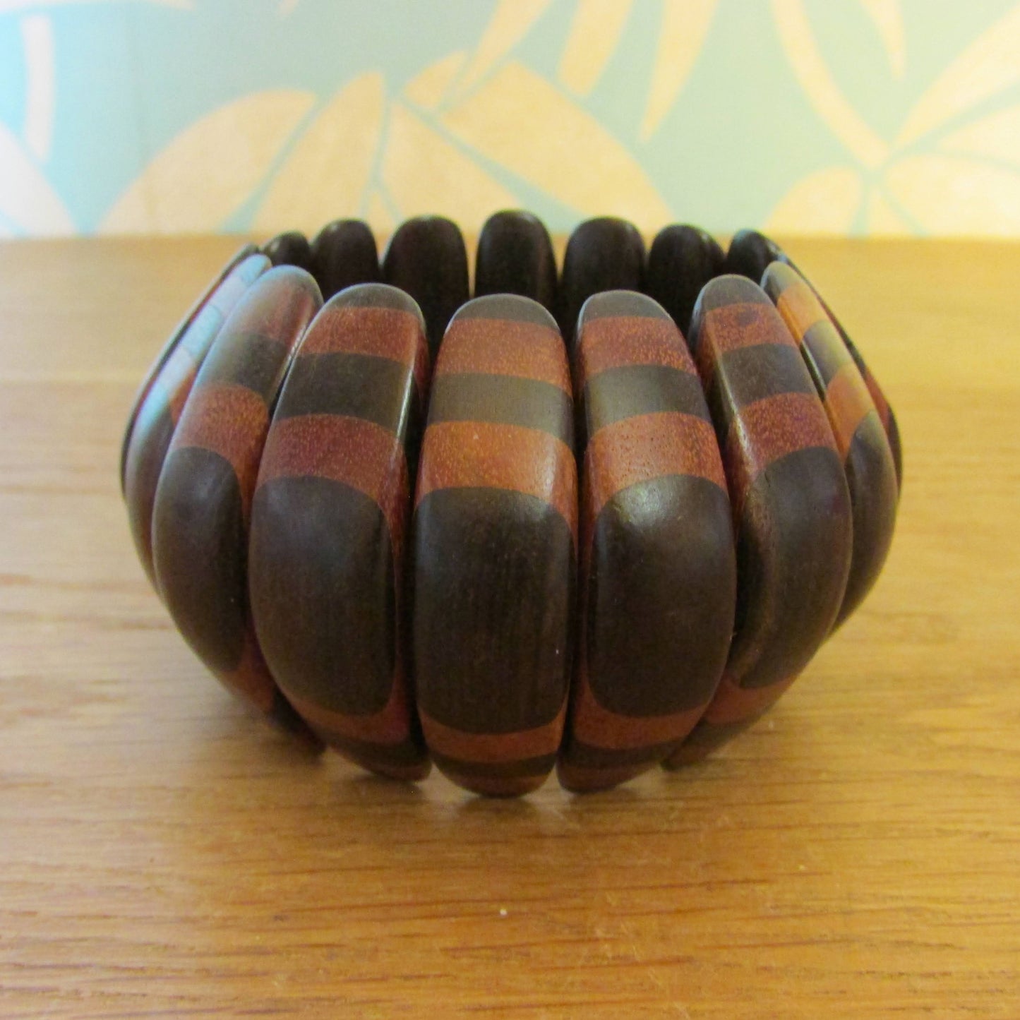 1980s/90s chunky wooden stretch brown striped bead segment bracelet