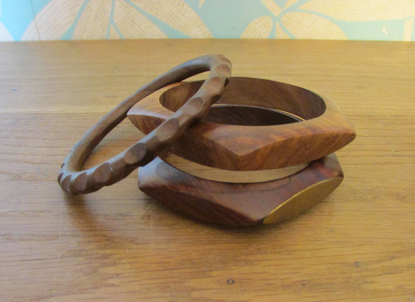 Set of three 1970s hand carved wooden bangles