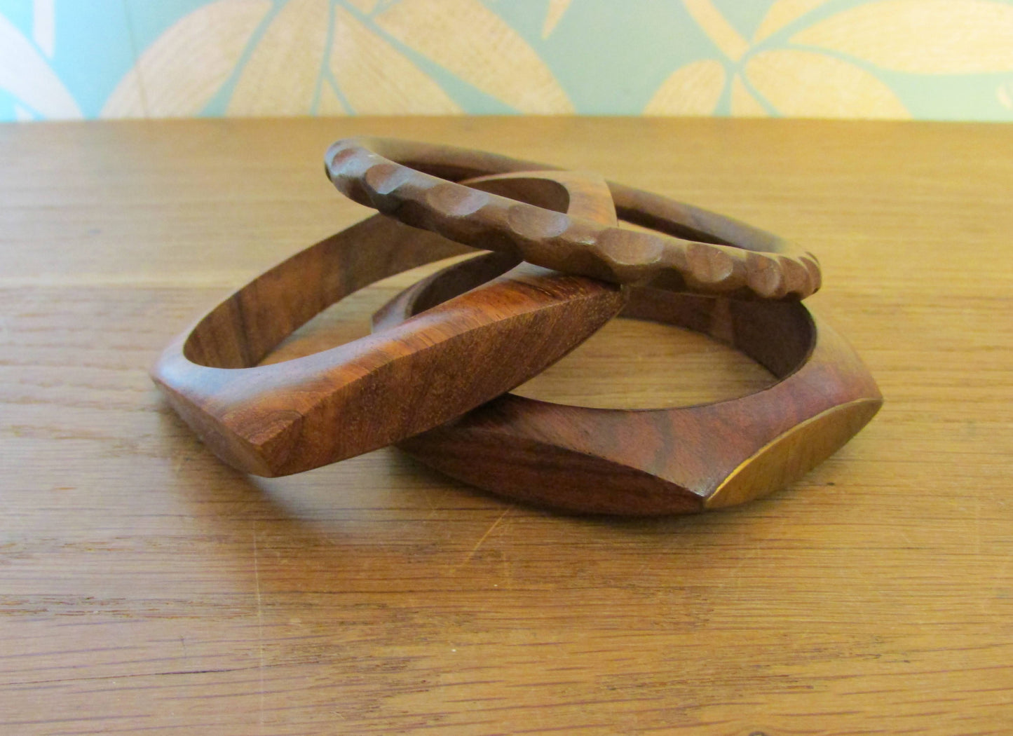 Set of three 1970s hand carved wooden bangles