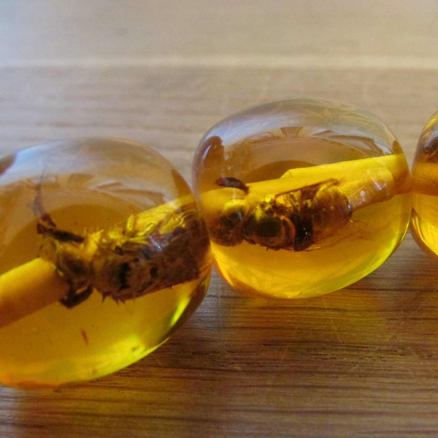 Vintage amber effect resin bead bracelet with insect inclusions
