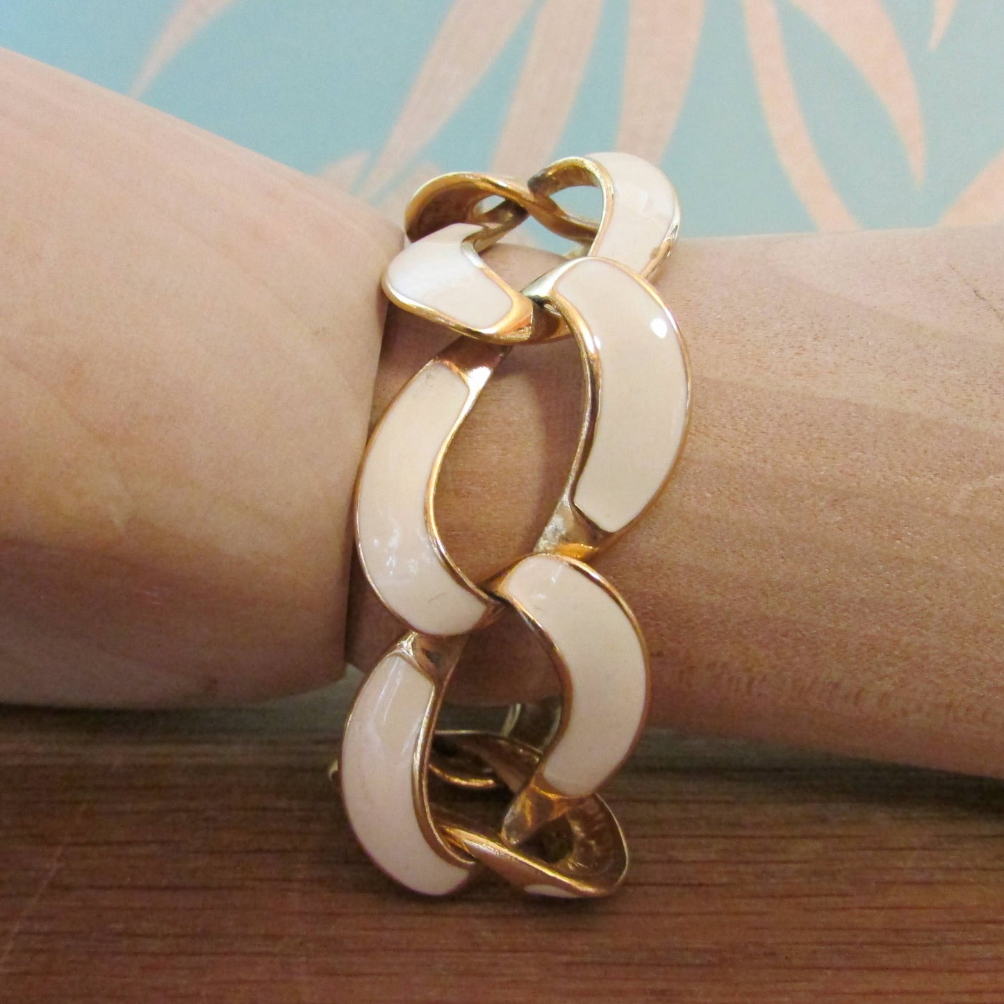 1950s/60s Napier gold-tone & cream enamel chunky link bracelet