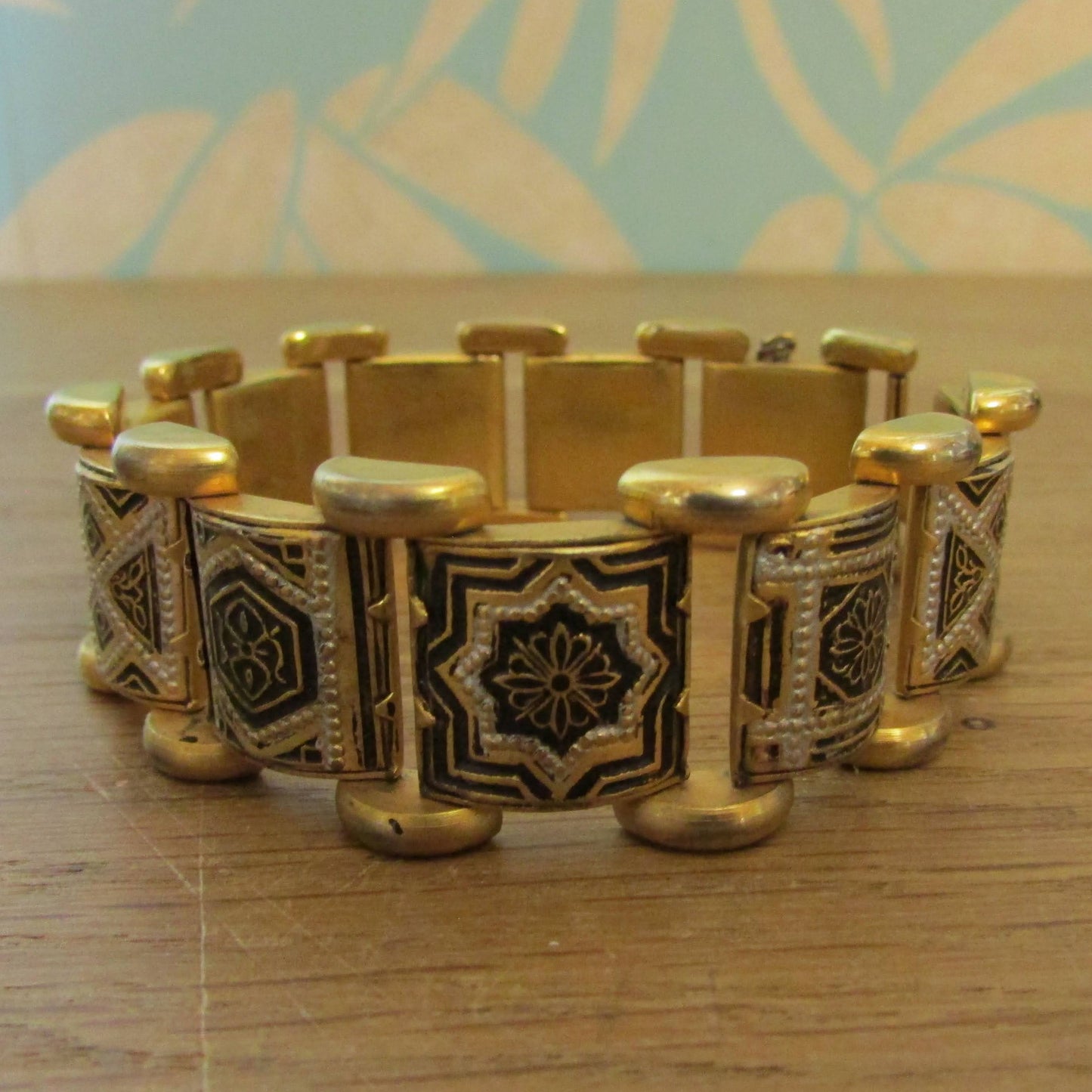 1960s gold-tone Damascene panel link bracelet with safety chain
