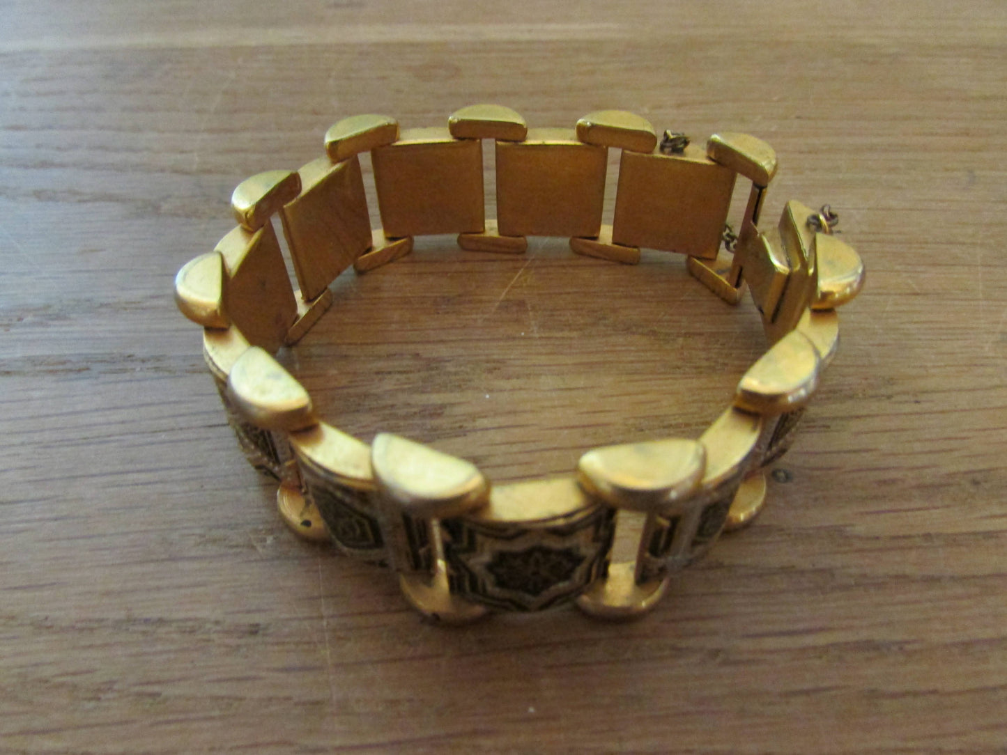 1960s gold-tone Damascene panel link bracelet with safety chain