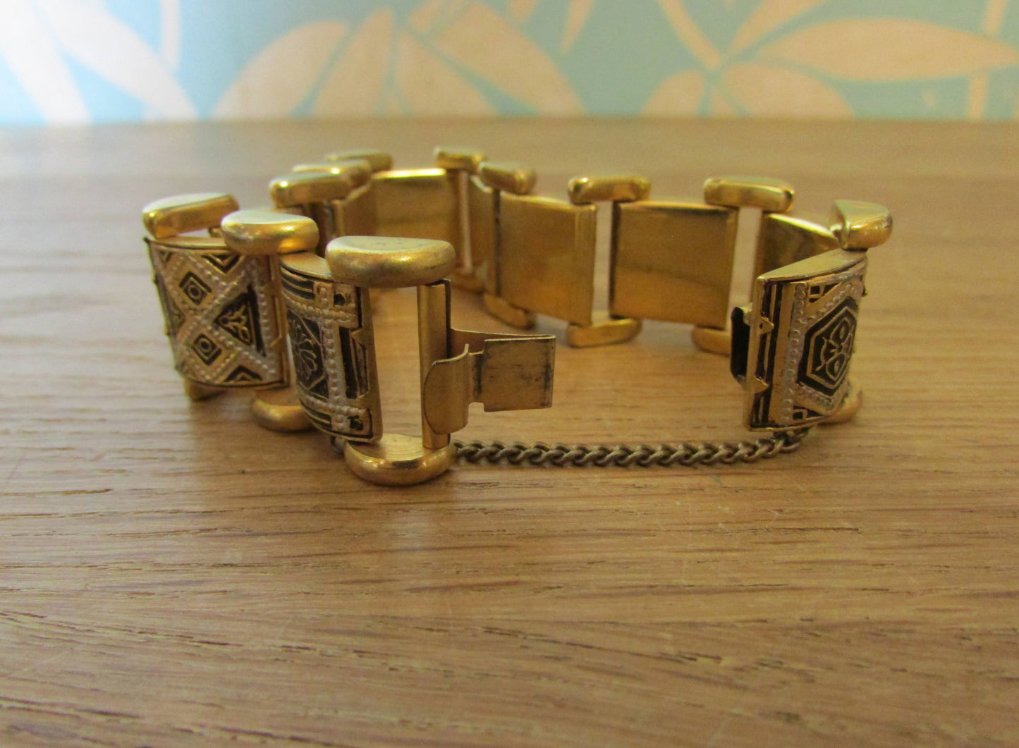 1960s gold-tone Damascene panel link bracelet with safety chain