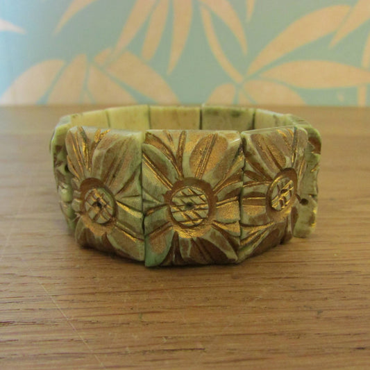 Vintage square medallion-stone bone link elasticated bracelet with gold relief surface