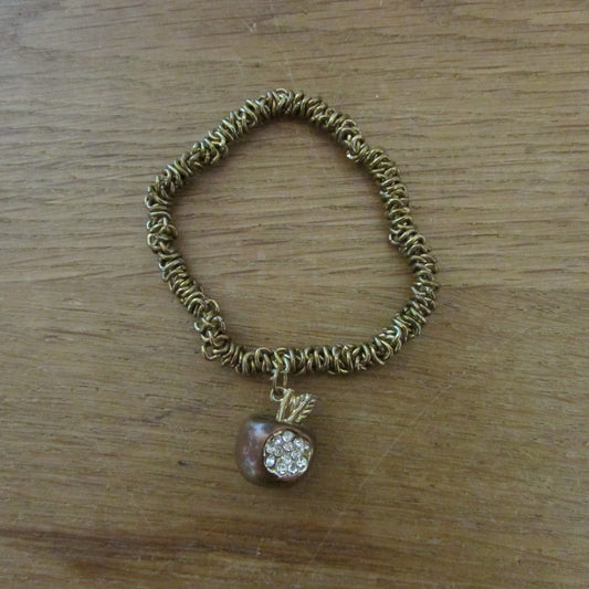 Vintage gold-tone elasticated chain bracelet with gold-tone & diamanté apple charm